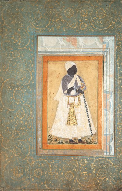長い杖に寄りかかる黒人男性、1682年頃（紙に不透明なトイレと金） 作： Indian School