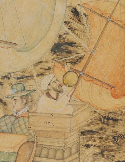海の怪物に襲われたキャラベル船、ムガル帝国、1590年頃（紙に金と銀で強調された不透明な顔料） 作： Indian School