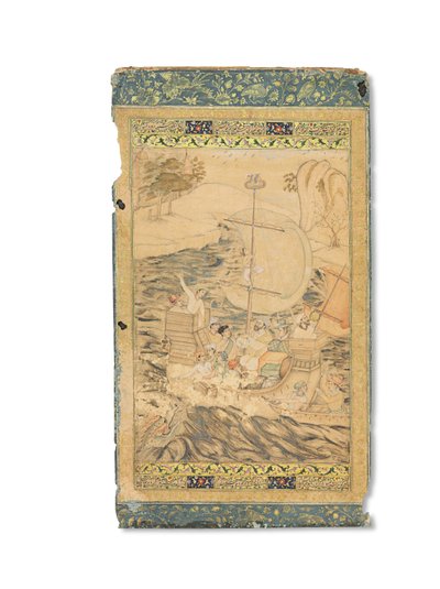海の怪物に襲われたキャラベル船、ムガル帝国、1590年頃（紙に金と銀で強調された不透明な顔料） 作： Indian School
