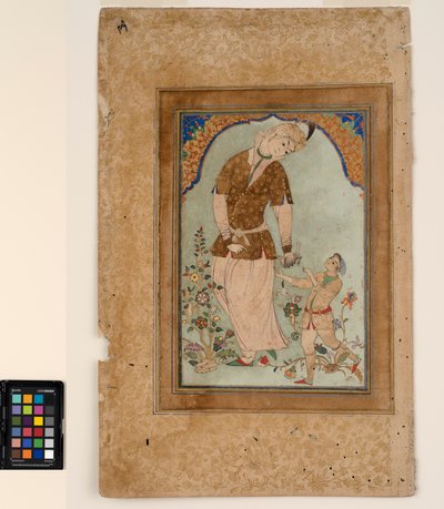 鷹匠がページから獲物を受け入れる、c.1580（不透明な水彩画と紙に金、アルバムページにマウント） 作： Indian School