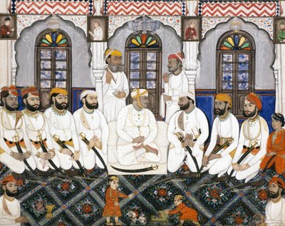 ダルバールでの礼拝用の服を着たジャイプールのラージャ、1845年頃（不透明なトイレと紙の上の金） 作： Indian School