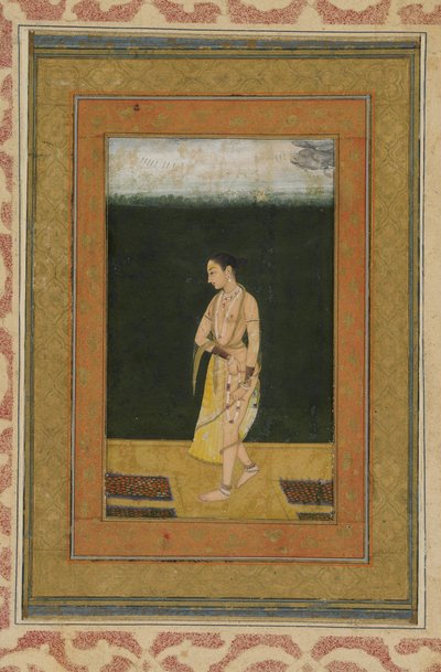 庭を歩く婦人、絵画付きアルバムフォリオ、c.1730 作： Indian School