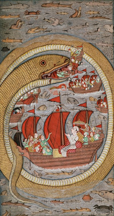 王の艦隊をむさぼる巨大な蛇、1670年〜1690年 作： Indian School