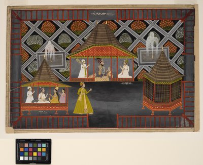 庭のパビリオンにいるナワブとその息子たち、1770年頃（不透明w - c、紙に銀と金） 作： Indian School