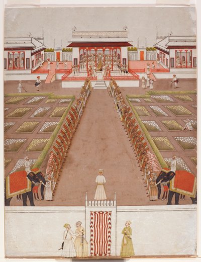 パビリオン内の保持者と2頭の象の道を越えたNawabの法廷、c.1765（不透明なトイレと紙の上の金） 作： Indian School