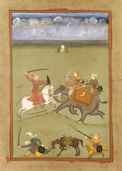 象で敵と戦う王子、1710年頃 作： Indian School