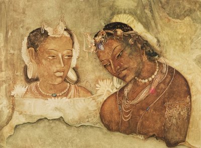 プリンセスとそのしもべ、インドのアジャンタ洞窟のフレスコ画のコピー 作： Indian School