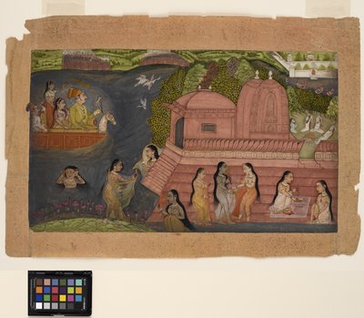 ボートからのラジャは、1695年頃の寺院のそばで美女を入浴させています（不透明な水彩画と紙に金色） 作： Indian School