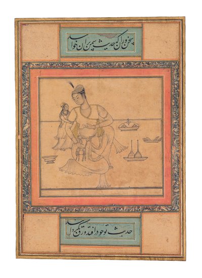 家族の設定での若い王子、c.1600（不透明な水彩画と金） 作： Indian School