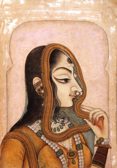 アーチで囲まれた美しい女性、1800年頃（不透明なトイレと紙の上の金） 作： Indian School