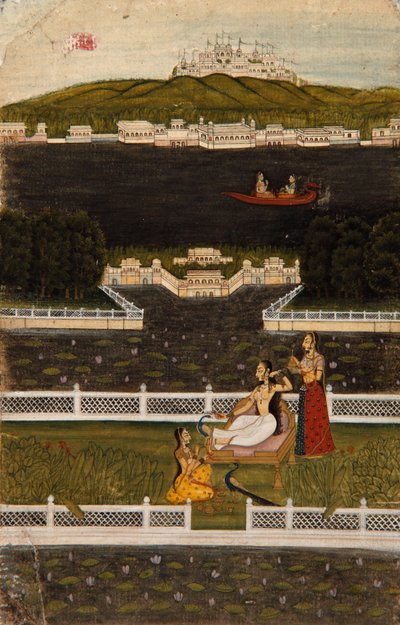 湖のテラスの美しい女性、1770年頃（不透明なトイレと紙の上の金） 作： Indian School