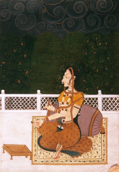 ボルスターに対して座っている美しい女性、c.1775（不透明なトイレと紙の上の金） 作： Indian School