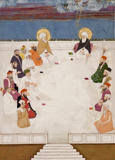 Mullah ShahとAurangzebを含むインドの聖人と聖人のグループが着席、c.1725（紙に不透明なトイレと金） 作： Indian School