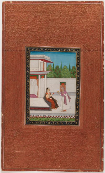 女性と彼女の年上の使用人、1875-1900（紙に不透明なトイレと金） 作： Indian School