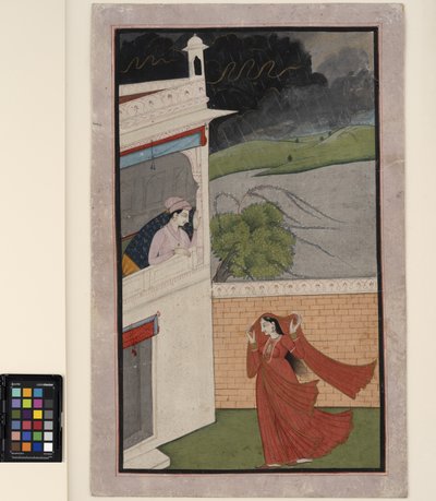 1830年頃の暴風雨の中で女性が恋人の家にやってくる（不透明なw - cと紙に金） 作： Indian School
