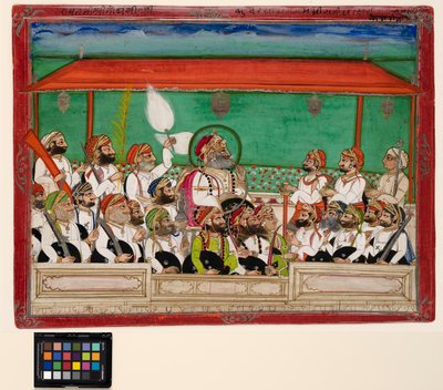 1870年頃、水ギセルをダーバーで吸うマハラナ（不透明な水彩画と紙に金色） 作： Indian School