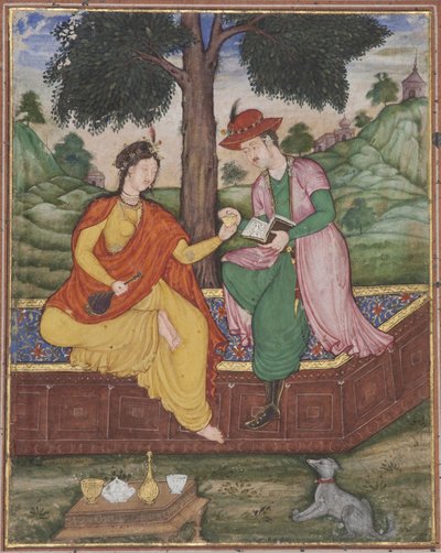 木の下に座る男女、1590年頃（紙に不透明なトイレ） 作： Indian School