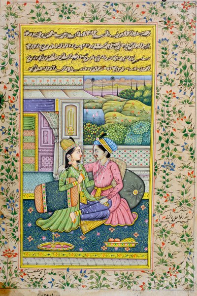 男は豪華な環境で女性を求愛します、ラージャスターンのミニチュア絵画 作： Indian School