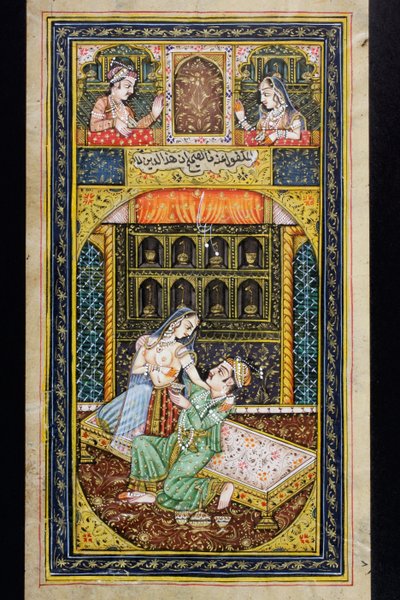男は豪華な環境で女性を求愛します、ラージャスターンのミニチュア絵画 作： Indian School