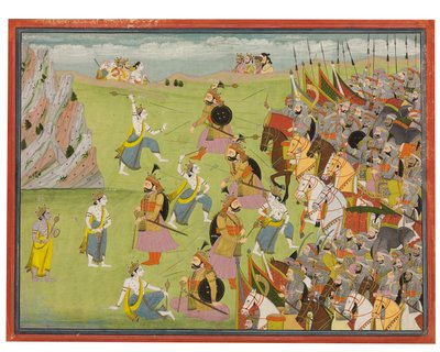 マハーバーラタの絵：バラバドラがジャラサンダー、カングラ、ガルワールと戦っている、1810〜20年頃 作： Indian School