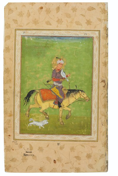 ハヤブサと馬に乗って狩りをしているイラージの絵、インド、ムガル帝国時代、16 世紀後半 (ワスリーに不透明な顔料と金) 作： Indian School