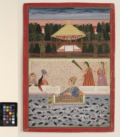 王子と王女は蓮のプールのそばで線香花火で遊ぶ、1760年頃（不透明な水彩画と紙に金） 作： Indian School