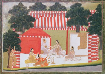 テントに女性を引き寄せようとする王子。メイドと友人が驚きで見つめる、1760年頃（紙に不透明なトイレ） 作： Indian School