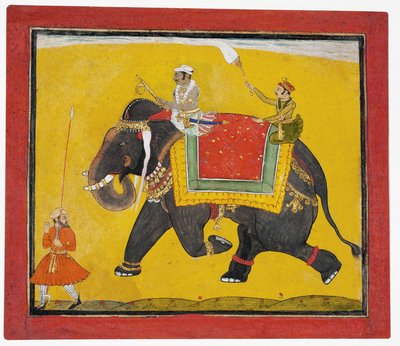 象に乗るラジャ、1690年頃（紙に不透明なトイレ） 作： Indian School