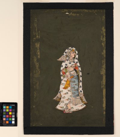 花柄の白いサリー、孔雀の羽模様のマントに立っている女性 作： Indian School