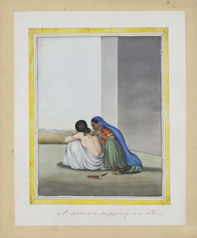 別のカッピングをする女性、c.1815（紙に不透明なトイレ） 作： Indian School