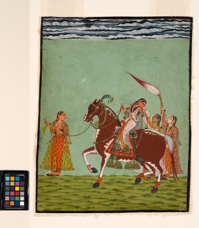 3人の付き添いのある馬に乗った女性、c.1735（紙に不透明な水彩画） 作： Indian School