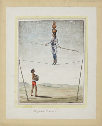 綱渡りのアクロバット、下のドラマー、c.1820（紙に不透明なトイレ） 作： Indian School