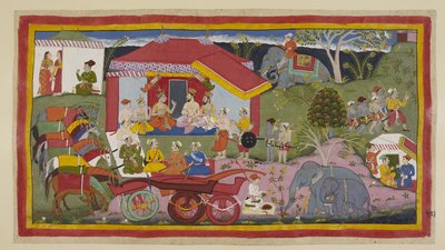追加 15296 (1) f.104r、野営地のシーンで、ニシャダキングのグハが王子、バラモン、大臣の会合に紹介されます。 戦車からくびきを外された馬は、つながれて足を引きずりながら一列に並び、象使いが火薬を準備します。 作： Indian School