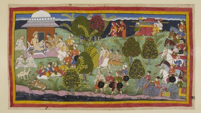 Add 15296 (1) f.105r. 2 人の王子、バラモン、牧師が徒歩でバラドヴァイジャの庵に近づき、3 人の女王が地平線の向こうに離れたところにいて、その後にその子が続きます。 象と戦車を持った軍隊が後ろで待っています。 上に 作： Indian School