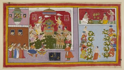 Add 15296 (1) f.106r、彼の魔法の力を通して、Bharadvaja はゲストの娯楽とリフレッシュのための遊園地に宮殿を呼び起こしました。 Bharadvaja と他の修行者とバラモンが謁見の間で座っている間、2 人の王子がモミ 作： Indian School