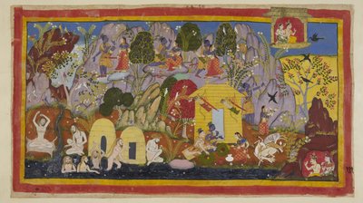 Add 15296 (1) f.111r, その間、亡命者はチトラクタ山に住み、すべてが平和です。 ラーマはその美しさをシーターに指摘します - 美しい木々や鳥の多くの品種、宝石や鉱物で彩られた岩、そしてマンダキナ川w 作： Indian School