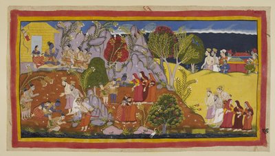 Add 15296 (1) f.118r、同腹のバラモンと女王が接近。 Kausalya は、Rama が儀式の水を提供した川のそばの場所を指摘し、彼女の死んだ夫に提供された Pindas の哀れな品質を嘆きます。 三人の亡命者 作： Indian School