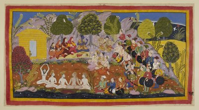 Add 15296 (1) f.121r. ラーマは 2 人の兄弟に面したマットに座っており、3 人の女王とシーターが右側にいます。 バラタは、ラーマがアヨーディヤーに戻って戴冠するよう強く促し続け、父親は妻の命を恐れてラーマに対して罪を犯したと主張しました。 作： Indian School