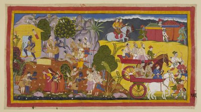 Add 15296 (1) f.126r. 弟がアヨーディヤの支配に戻るよう懇願したにもかかわらず、ラーマ・ラマインは父親の命令を断固として守りました。 彼はついに、14年後に帰国するまでバラタに王国を統治するよう説得することができました。 バラタ・レ 作： Indian School