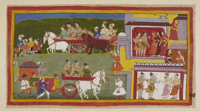 追加 15296 (1) f.127r、行列は絵の下部に沿ってアヨーディヤーに戻ります。悲しく寂れた街は猫とフクロウの巣窟です。 バラタとシャトルグナは女王たちに別れを告げ、ヴァシスタにNに引退することを告げる 作： Indian School