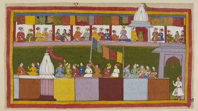 Add 15296 (1) f.17r. アヨーディヤー市の同じ通りは、行進を待つ人々で完全に装飾されています。 彼らは、王様がどれほど賢いか、ラーマを新しい保護者として迎えることができてどれほど幸運であるかを互いに話し合っています。 作： Indian School
