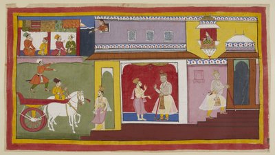 Add 15296 (1) f.18r. Vasistha は宮殿に戻り、Dasaratha に式典の準備が整ったことを伝えます。 ダシャラタは宮殿の奥の部屋に引きこもります。 上では、カイケイーの使用人マンタラーが上部の窓から外を眺め、興奮する人々を観察しています。 作： Indian School