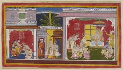 Add 15296 (1) f.2r, Ayodhya (右) の玉座の間で、ダシャラタ王は 4 人の息子、大臣のスマントラ、主任司祭のヴァシスタと共に座っています。 カイケーイー女王の兄弟でバラタの母方の叔父であるユダジットが、バラタを訪ねに来た。 作： Indian School