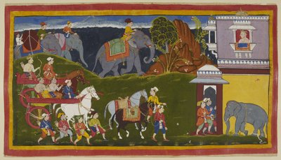 追加 15296 (1) f.4r、バラタ、シャトルグナとその叔父は、従者と 2 頭の先導された乗馬馬と共に、水平線を越えて荷を積んだ象と共に、バラタの母方の祖父であるケカヤ王の宮殿に到着します。 外を見る 作： Indian School