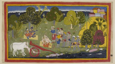 Add 15296 (1) f.63r, 仲間は Srngaverapura Rama でガンガー川に到着し、Sita は Ingudi の木であると意図された木の下のわらのマットに座り、Laksmana と Sumantra は同様に彼らに面して座っています。 馬は無傷でした 作： Indian School