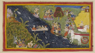 追加 15296 (1) f.66r、一行はガンジス川に到着し、ニサダの酋長であるグハが、近くの町の部下と共に彼らを迎えに来ました。 ラーマは、彼らが川を渡れるようにボートを提供するように彼に頼みます。 彼はスマントラに言います。 作： Indian School