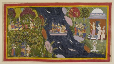 追加 15296 (1) f.69r、Bharadvaja は、彼の庵の右側にいて、旅行者に Citrakuta への道を助言しています。 中央では、彼らは即席の筏でヤムナー川を渡り、シーターは川の女神に安全な帰還を再び祈っています。 作： Indian School