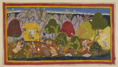 追加 15296 (1) f.71r、小屋に住居を構える前に、主宰する神々に奉納しなければなりません。 ラクシュマナは右側で鹿を狩り、小屋に戻って調理します。 ラーマはその一部をいけにえとしてささげます。 その後、二人の兄弟は食事をしながら、 作： Indian School