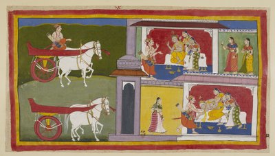 追加 15296 (1) f.72r、左側で、スマントラはアヨーディヤーに戻り、王にラーマの最後のメッセージを伝えるために宮殿に入ります。王は、カウサリヤとスミトラが彼のそばに座っています。 王は気絶し、スマントラと女王に捕まります。 作： Indian School