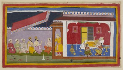 Add 15296 (1) f.76r, Dasaratha は彼の部屋のベッドに横たわり、2 人の女王が彼のそばに座り、3 人全員が会話の姿勢で、お互いを慰めようとしています。 部屋の外では、バラモンと牧師がスマントラと会話しています。 これ 作： Indian School